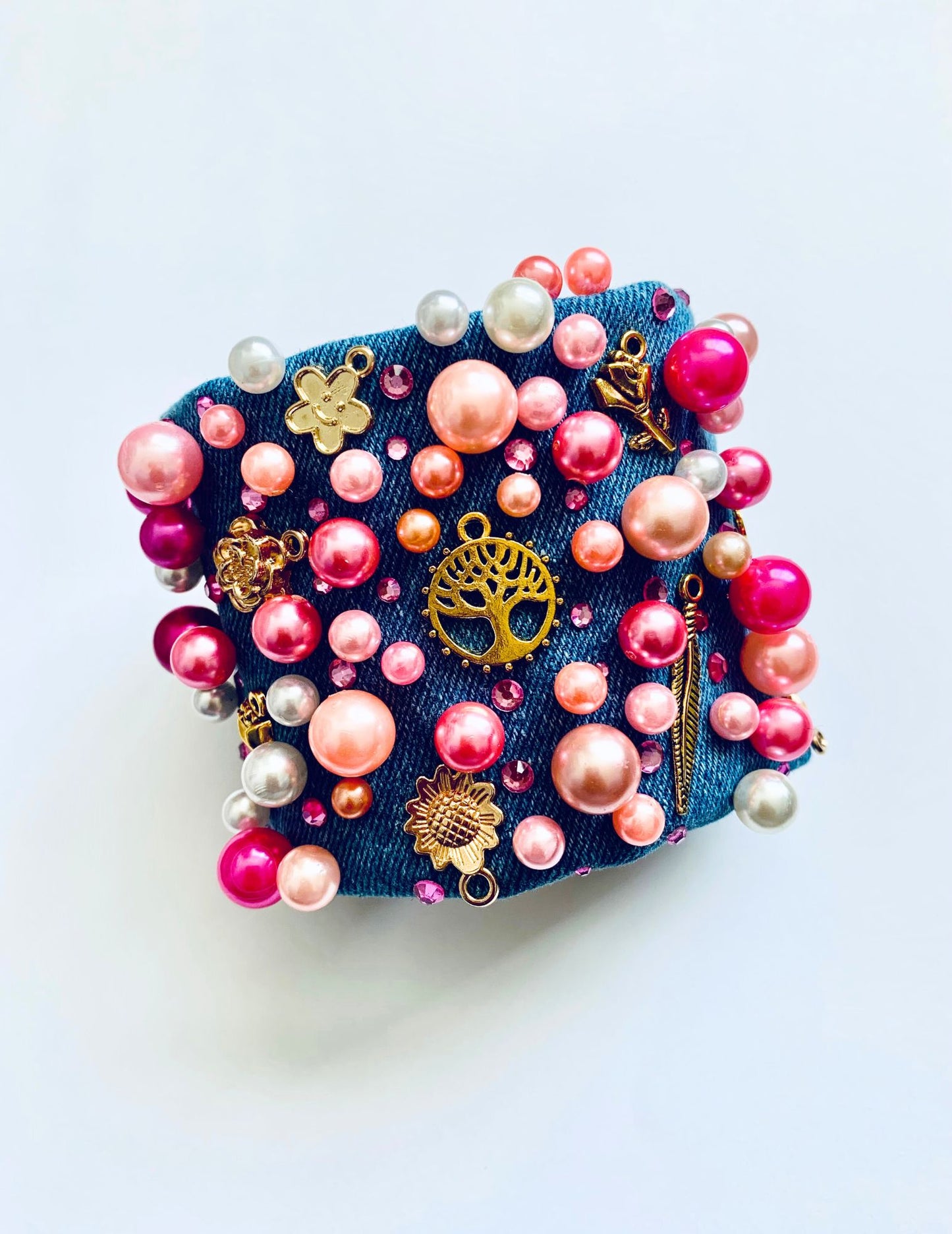 AFLORA Denim Bracelet with Pearls & Charms Handmade in USA
