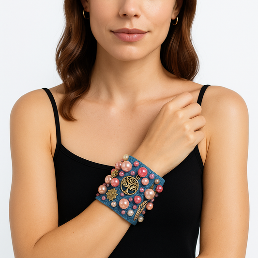 AFLORA Denim Bracelet with Pearls & Charms Handmade in USA