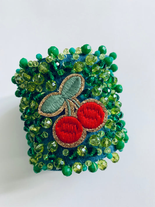 Cherry Handmade Denim Bracelet with Green Crystals Boho-Chic