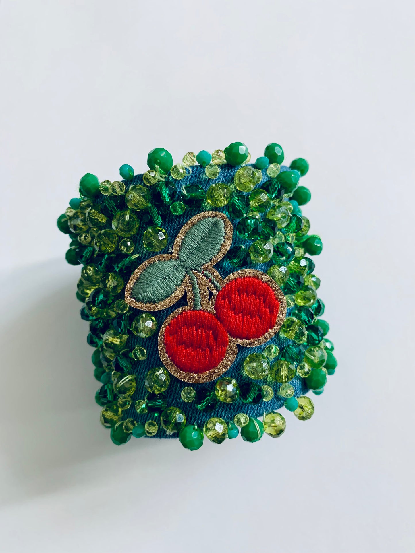 Cherry Handmade Denim Bracelet with Green Crystals Boho-Chic