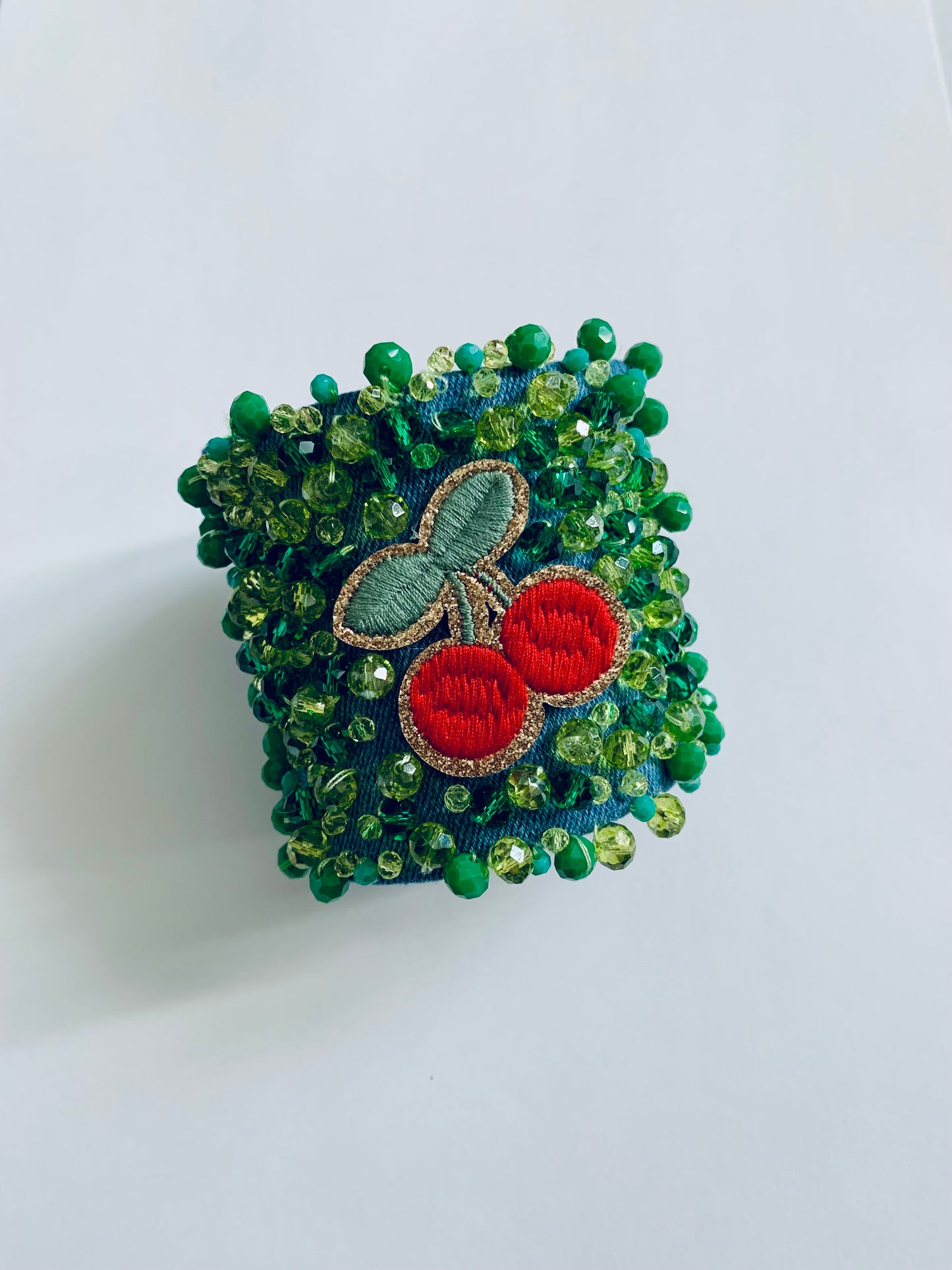 Cherry Handmade Denim Bracelet with Green Crystals Boho-Chic