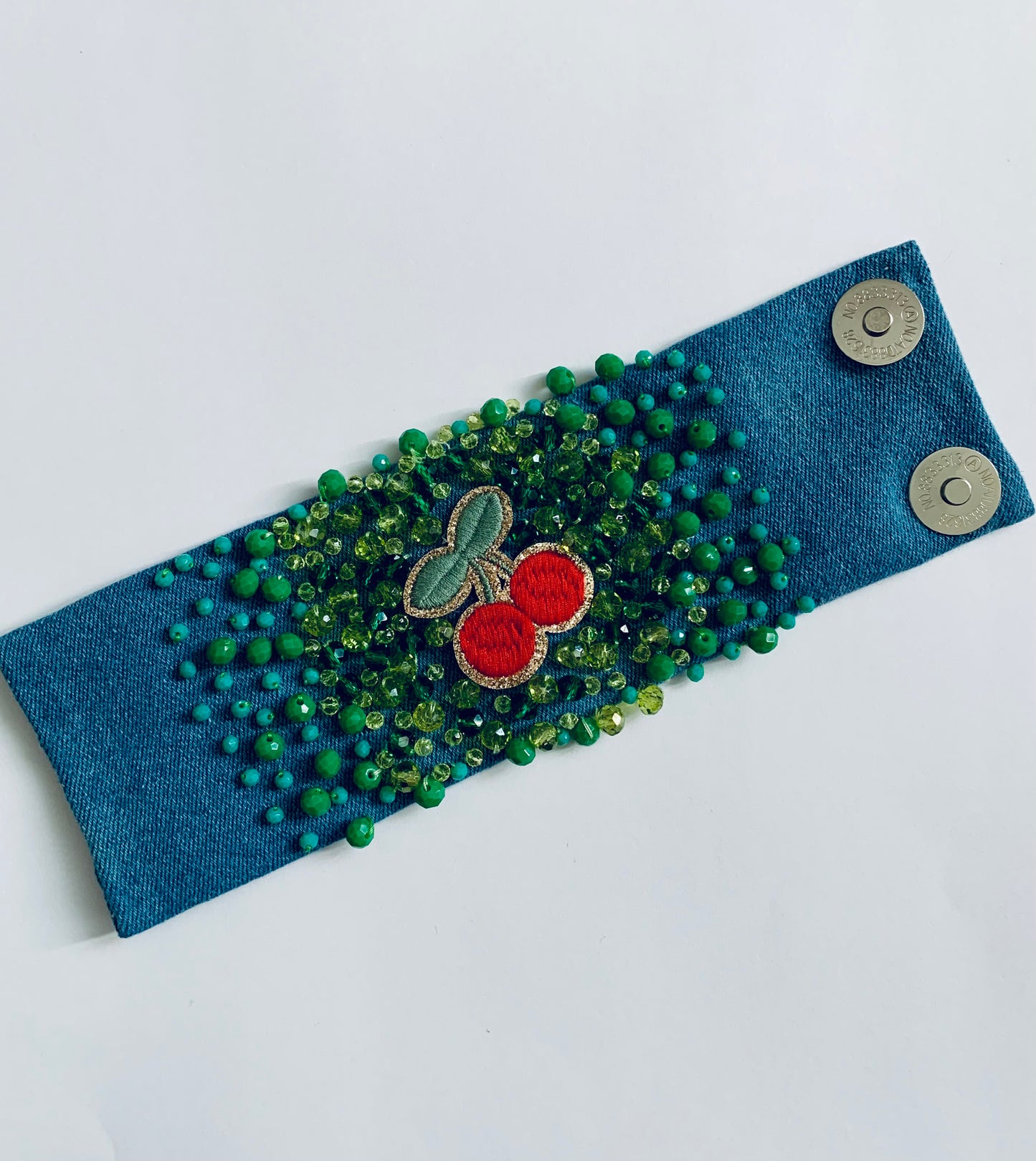 Cherry Handmade Denim Bracelet with Green Crystals Boho-Chic