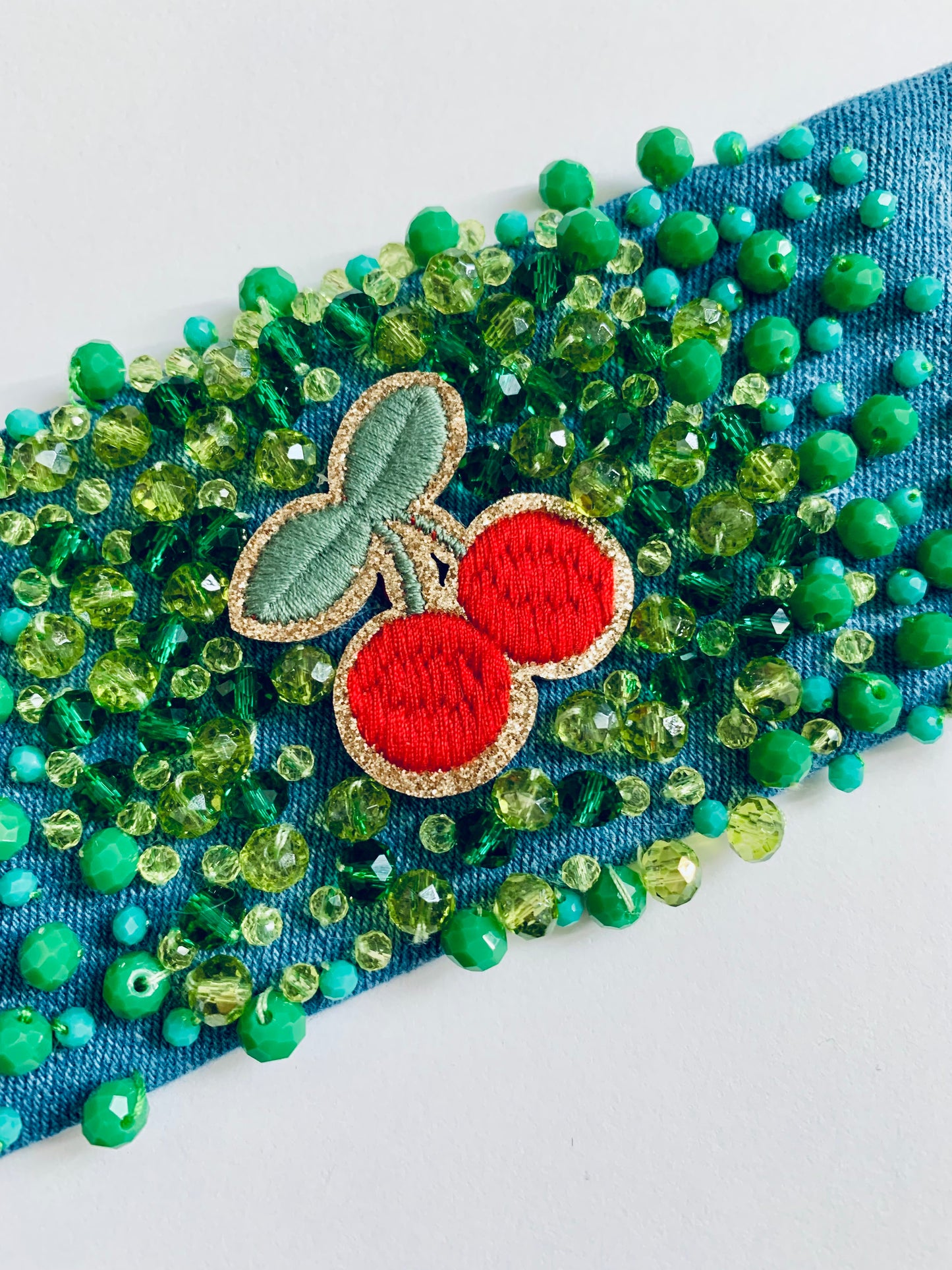 Cherry Handmade Denim Bracelet with Green Crystals Boho-Chic