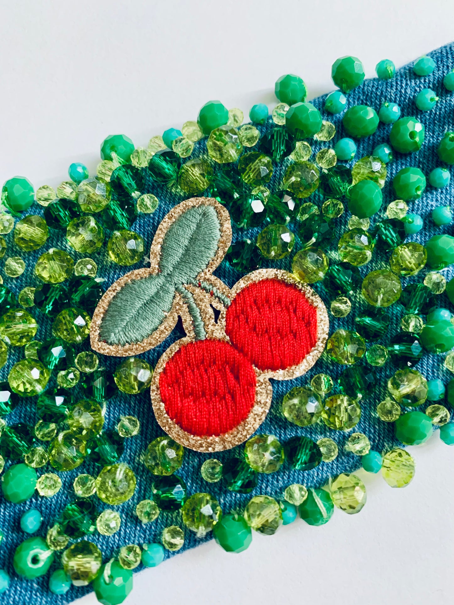 Cherry Handmade Denim Bracelet with Green Crystals Boho-Chic