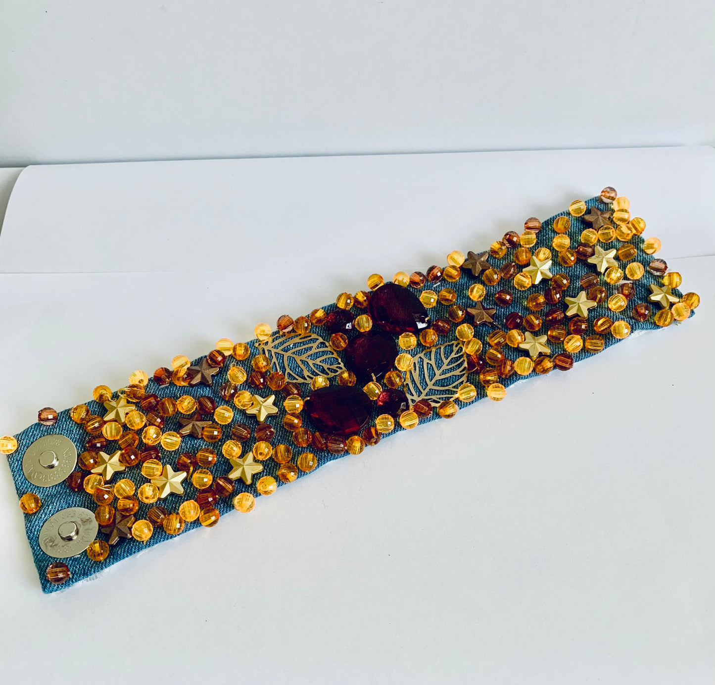 Leaves Denim Bracelet with Charms and Beads–Boho Chic Jewelry