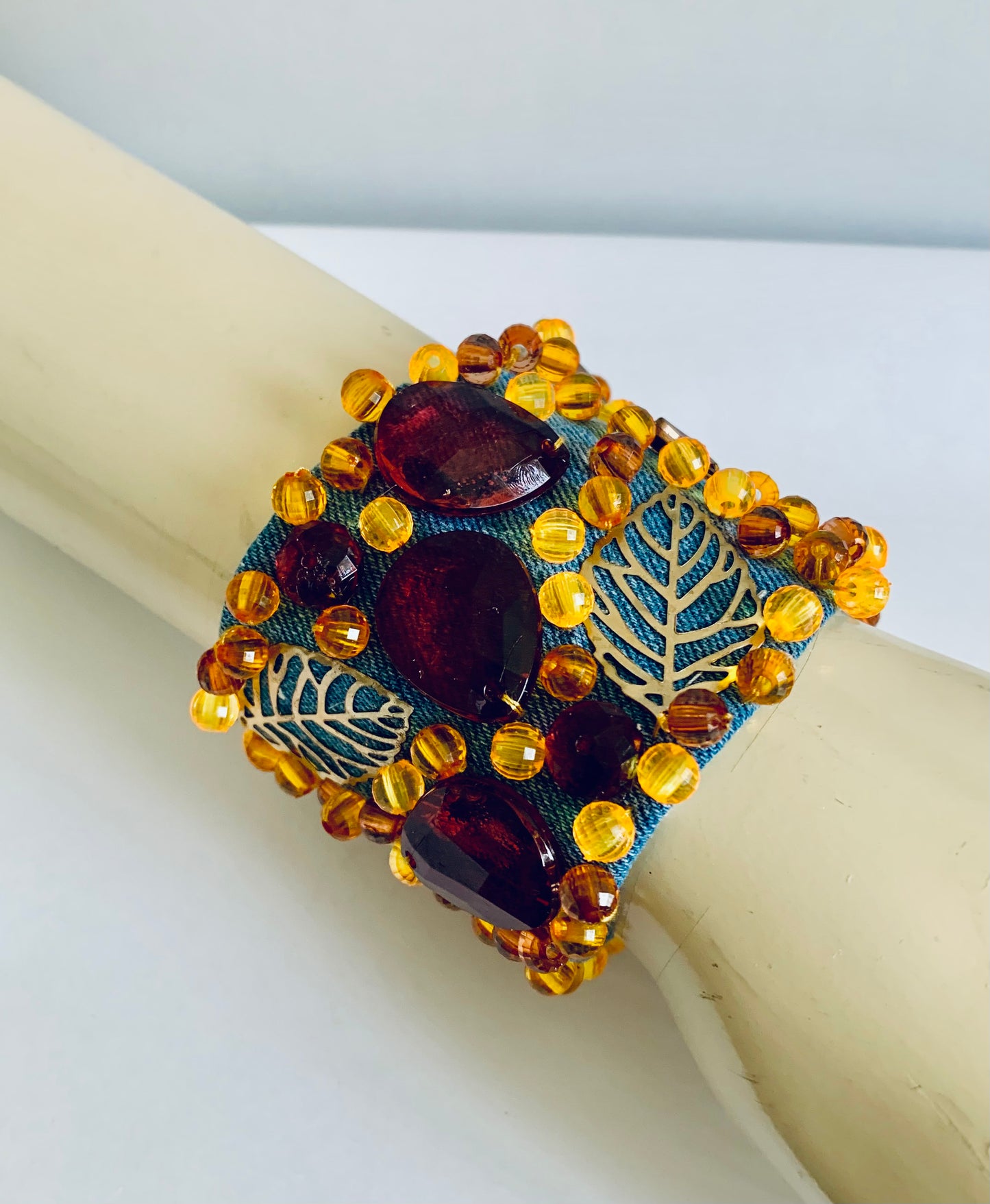 Leaves Denim Bracelet with Charms and Beads–Boho Chic Jewelry