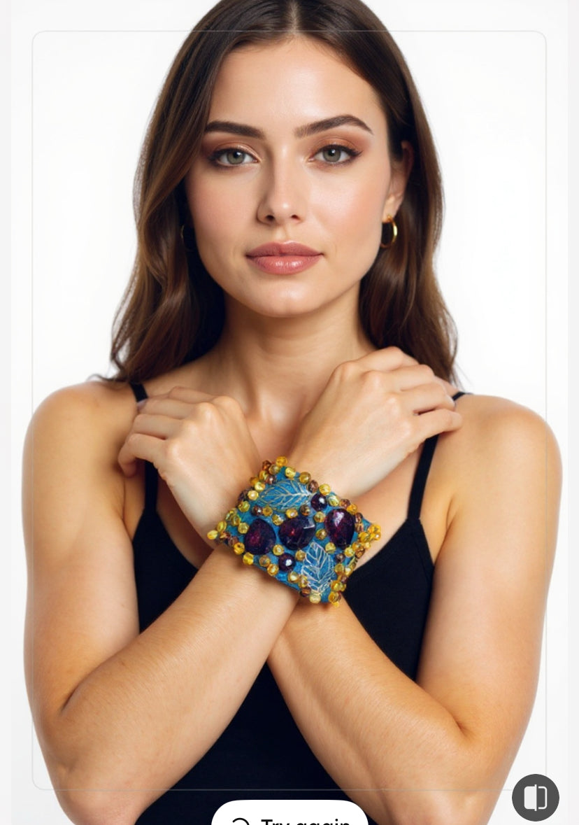 Leaves Denim Bracelet with Charms and Beads–Boho Chic Jewelry