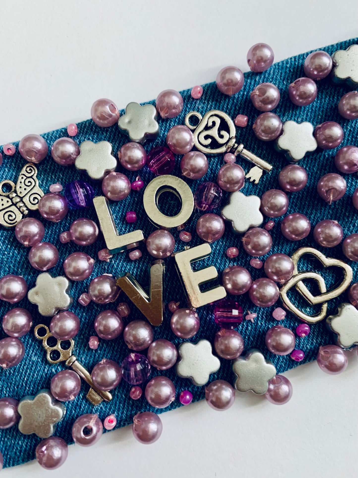 LOVE Denim Bracelet with Pearls & Charms Handmade Boho-Chic