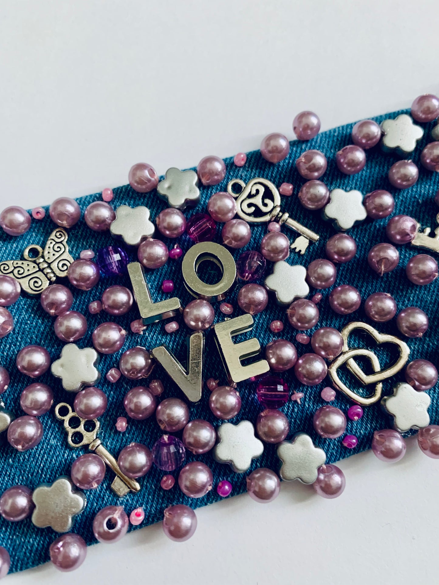 LOVE Denim Bracelet with Pearls & Charms Handmade Boho-Chic