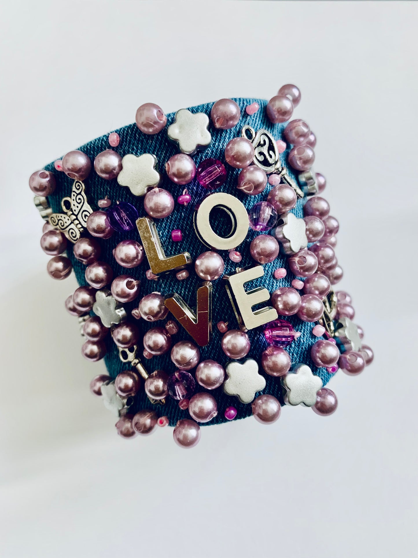 LOVE Denim Bracelet with Pearls & Charms Handmade Boho-Chic