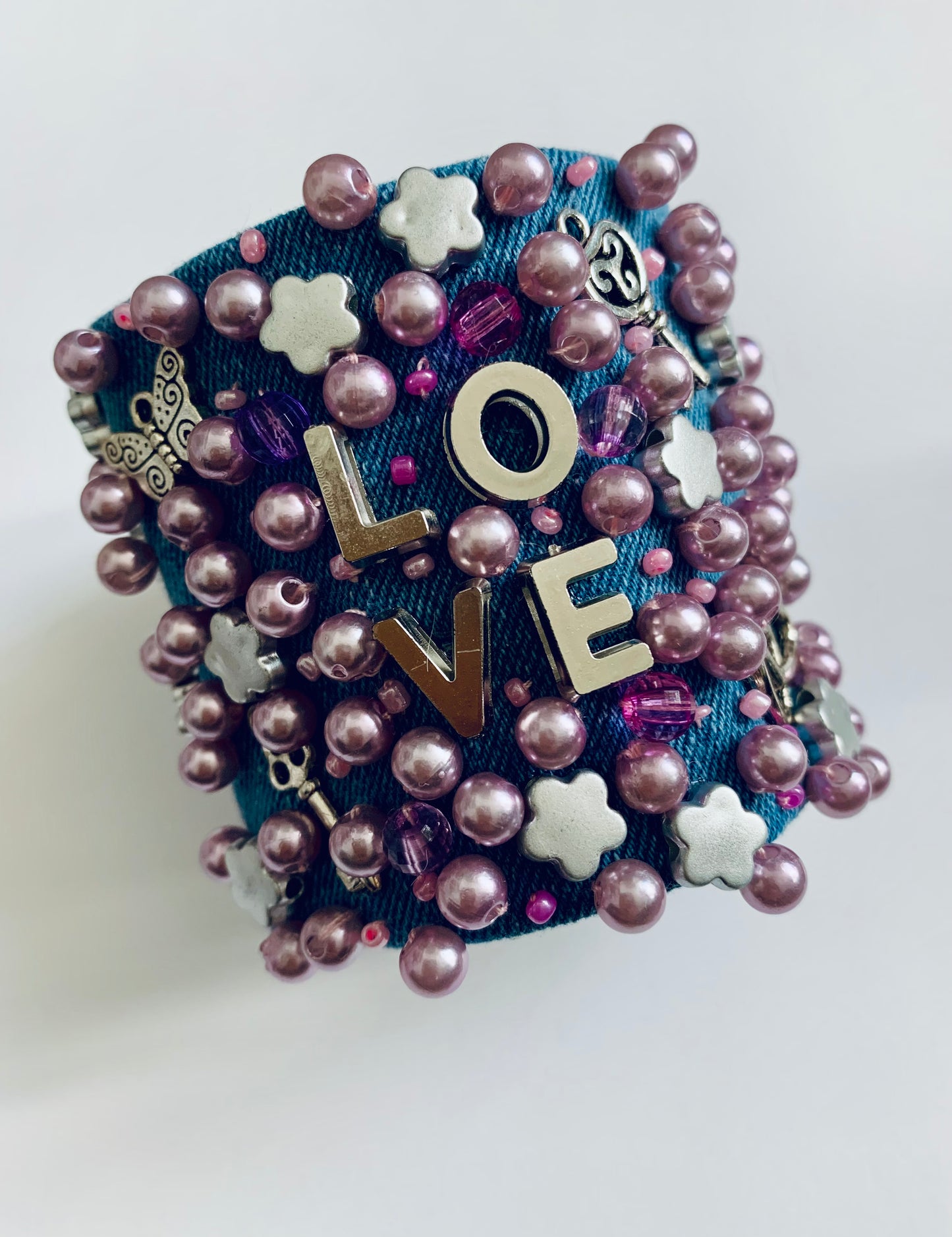 LOVE Denim Bracelet with Pearls & Charms Handmade Boho-Chic