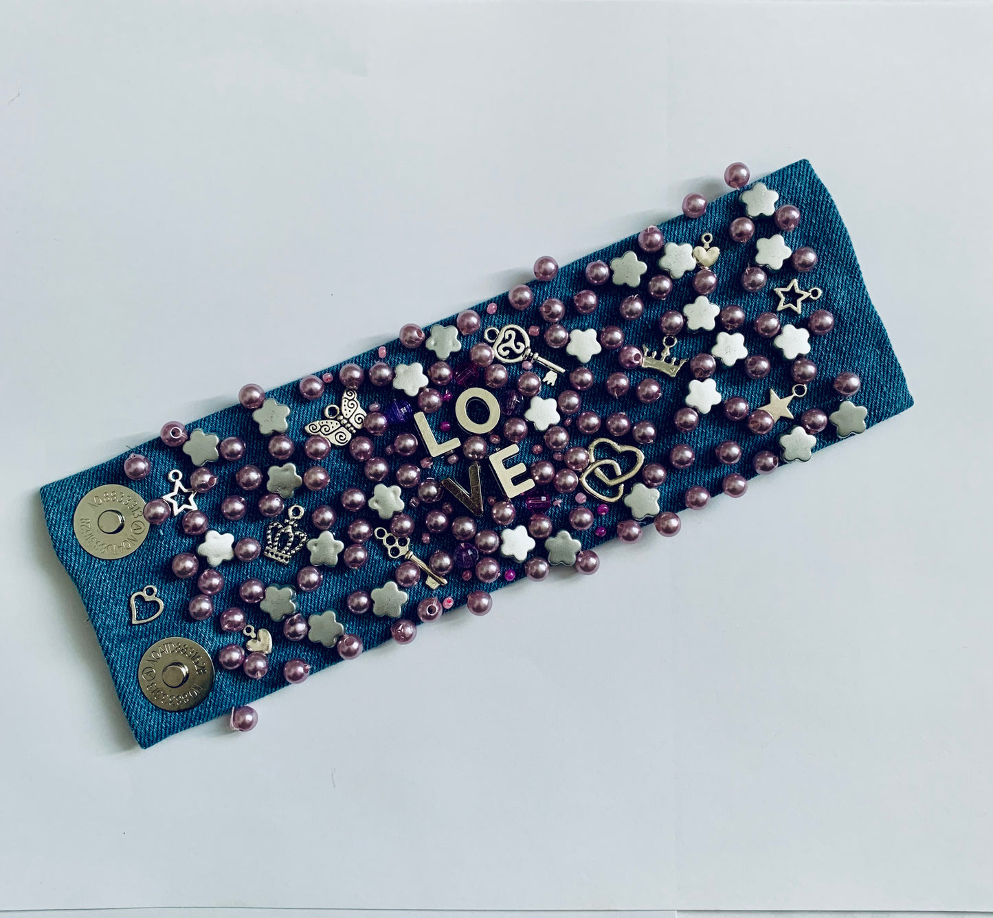 LOVE Denim Bracelet with Pearls & Charms Handmade Boho-Chic
