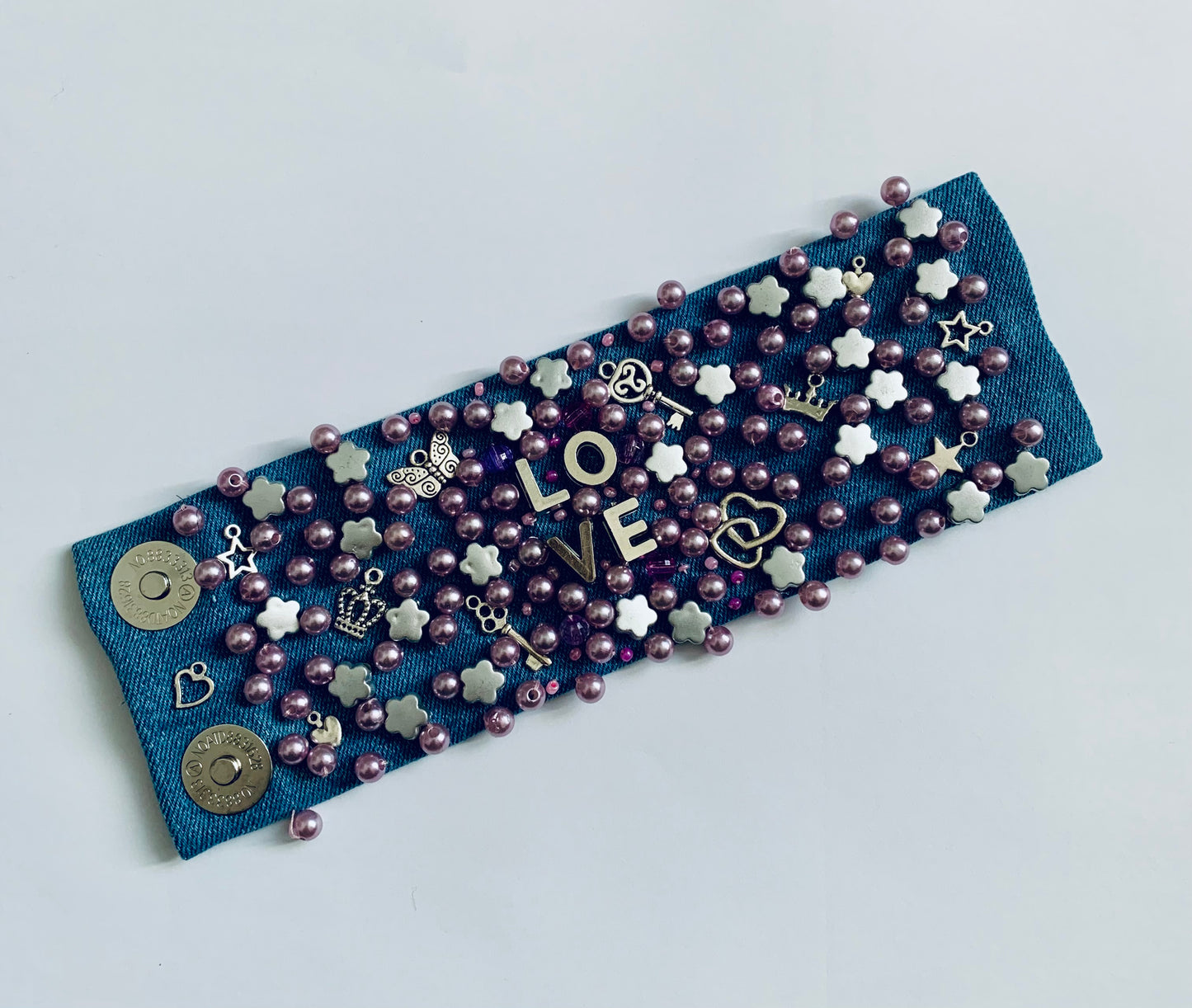 LOVE Denim Bracelet with Pearls & Charms Handmade Boho-Chic