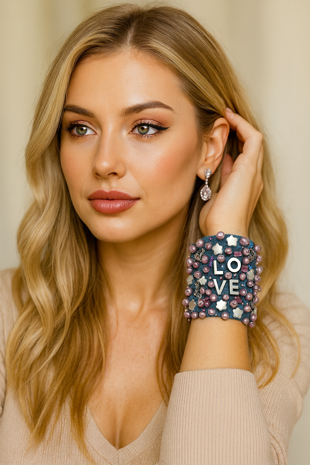 LOVE Denim Bracelet with Pearls & Charms Handmade Boho-Chic