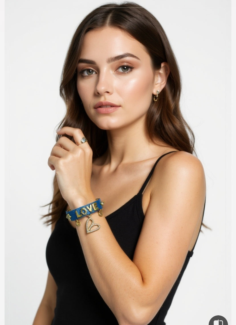 Love Denim Bracelet with Charms and Beads–Boho Chic Jewelry