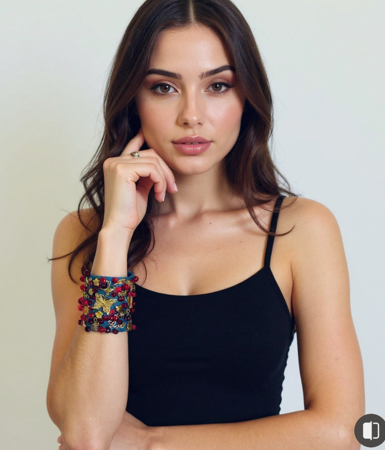 Mariposa Denim Bracelet with Charms and Beads–Boho Chic Jewelry