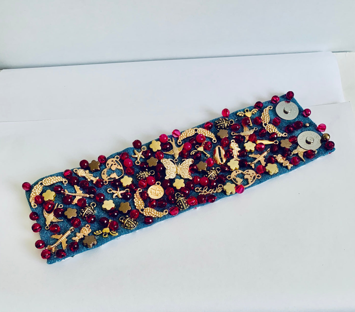 Mariposa Denim Bracelet with Charms and Beads–Boho Chic Jewelry