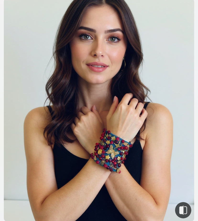 Mariposa Denim Bracelet with Charms and Beads–Boho Chic Jewelry