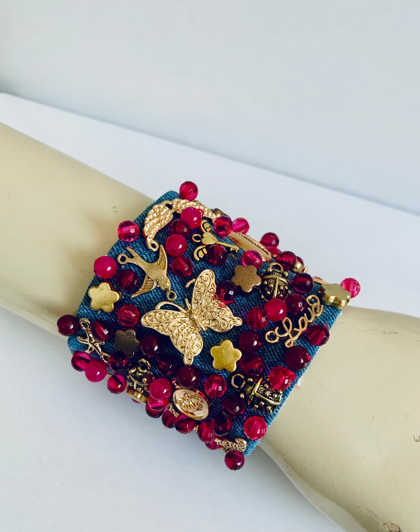Mariposa Denim Bracelet with Charms and Beads–Boho Chic Jewelry