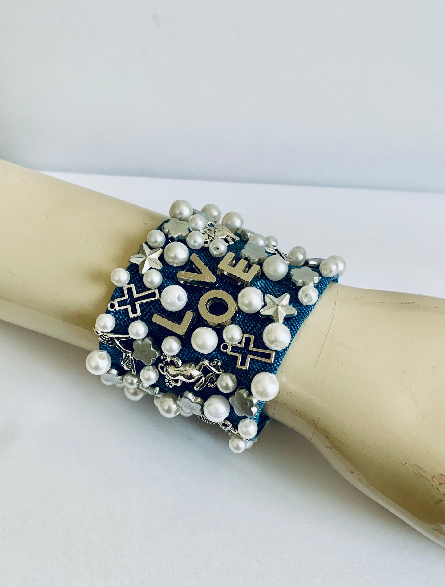 Silver Love Denim Bracelet with Charms & Beads– Boho Chic Jewelry