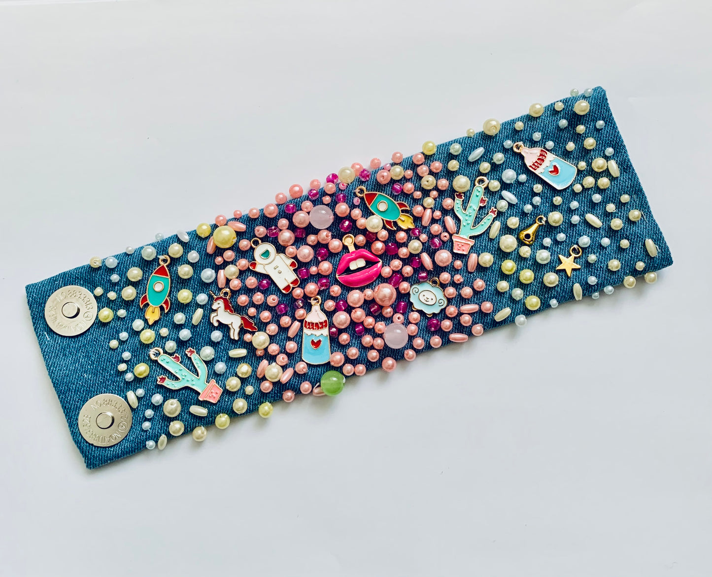COLORS Hand-Embellished Denim Bracelet with Charms & Pearls