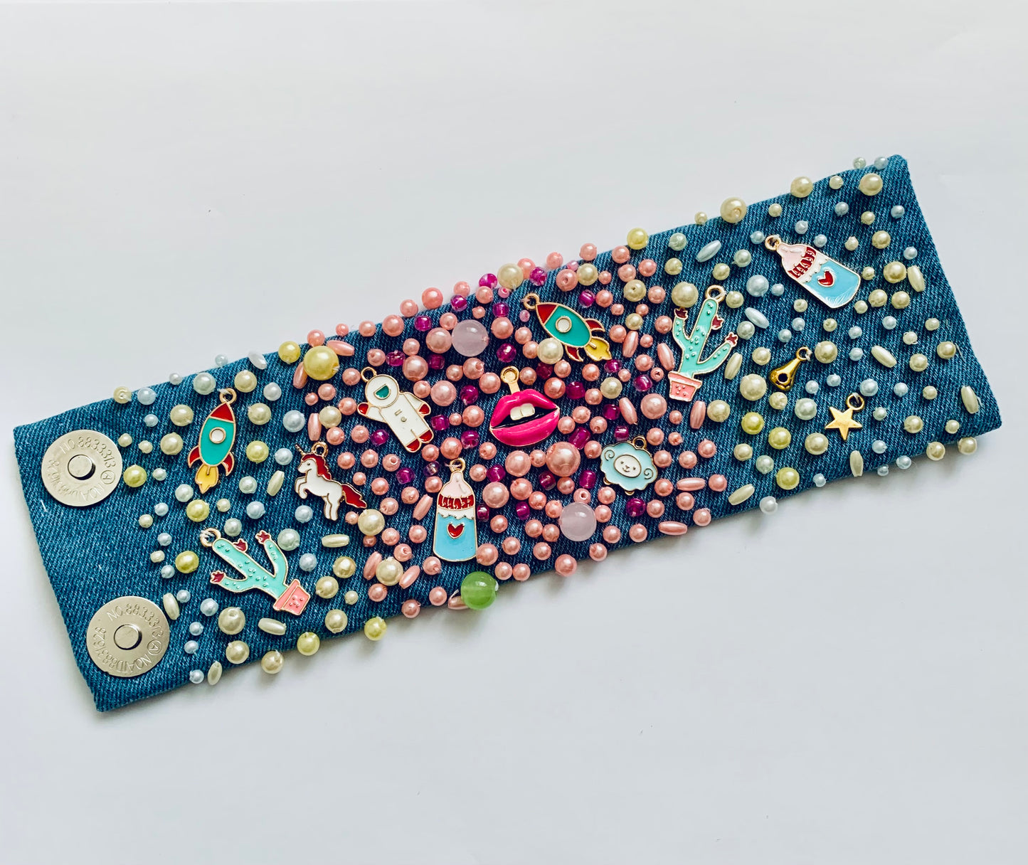 COLORS Hand-Embellished Denim Bracelet with Charms & Pearls