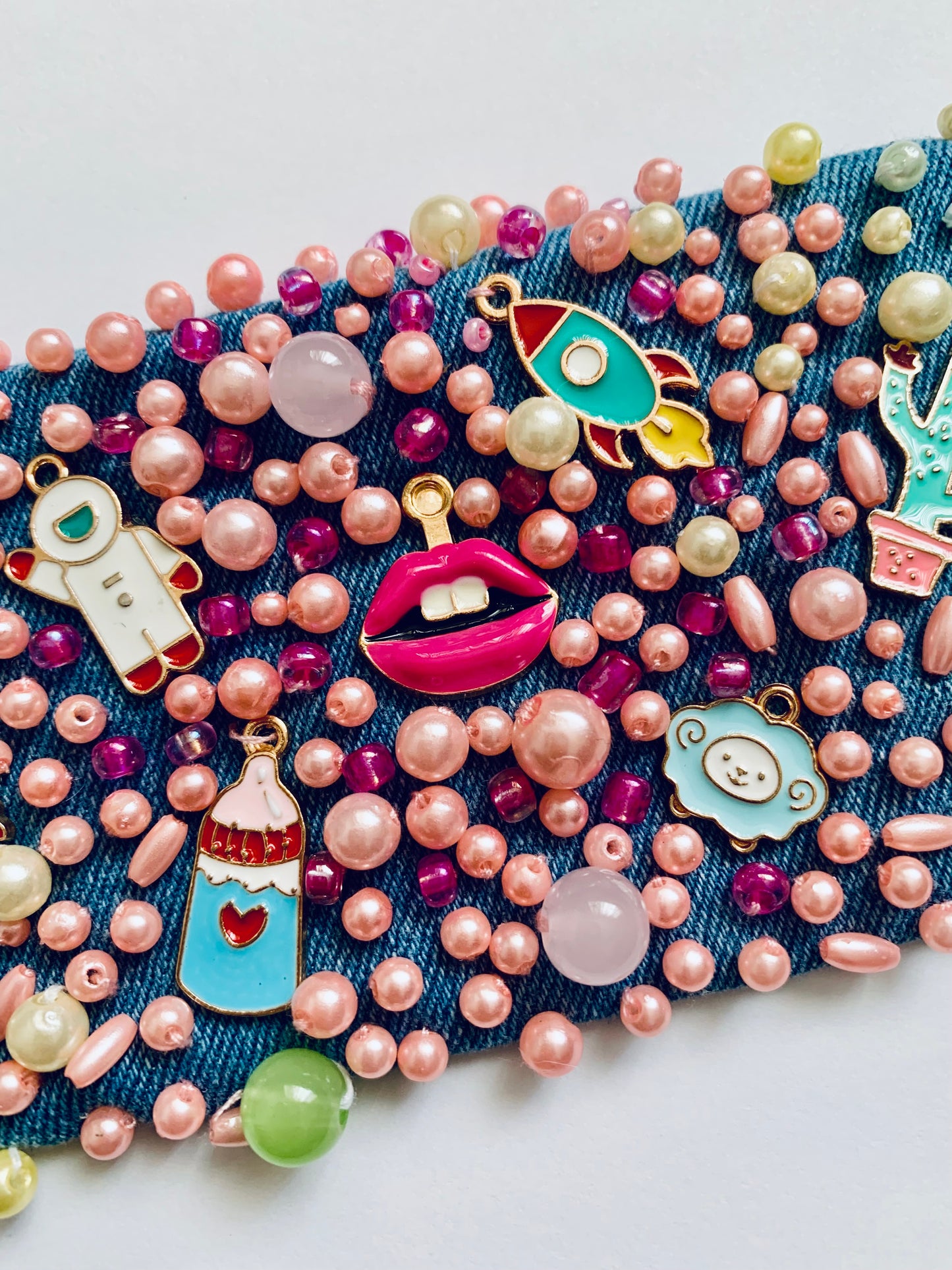 COLORS Hand-Embellished Denim Bracelet with Charms & Pearls