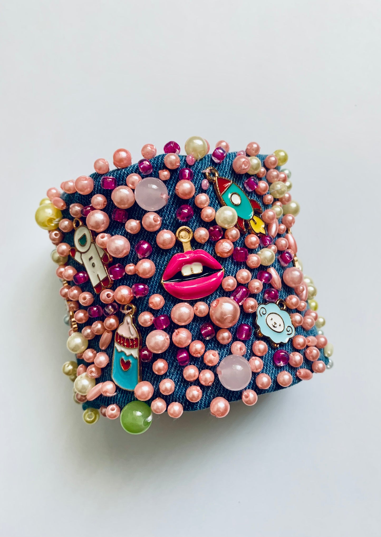 COLORS Hand-Embellished Denim Bracelet with Charms & Pearls