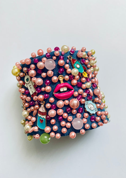 COLORS Hand-Embellished Denim Bracelet with Charms & Pearls