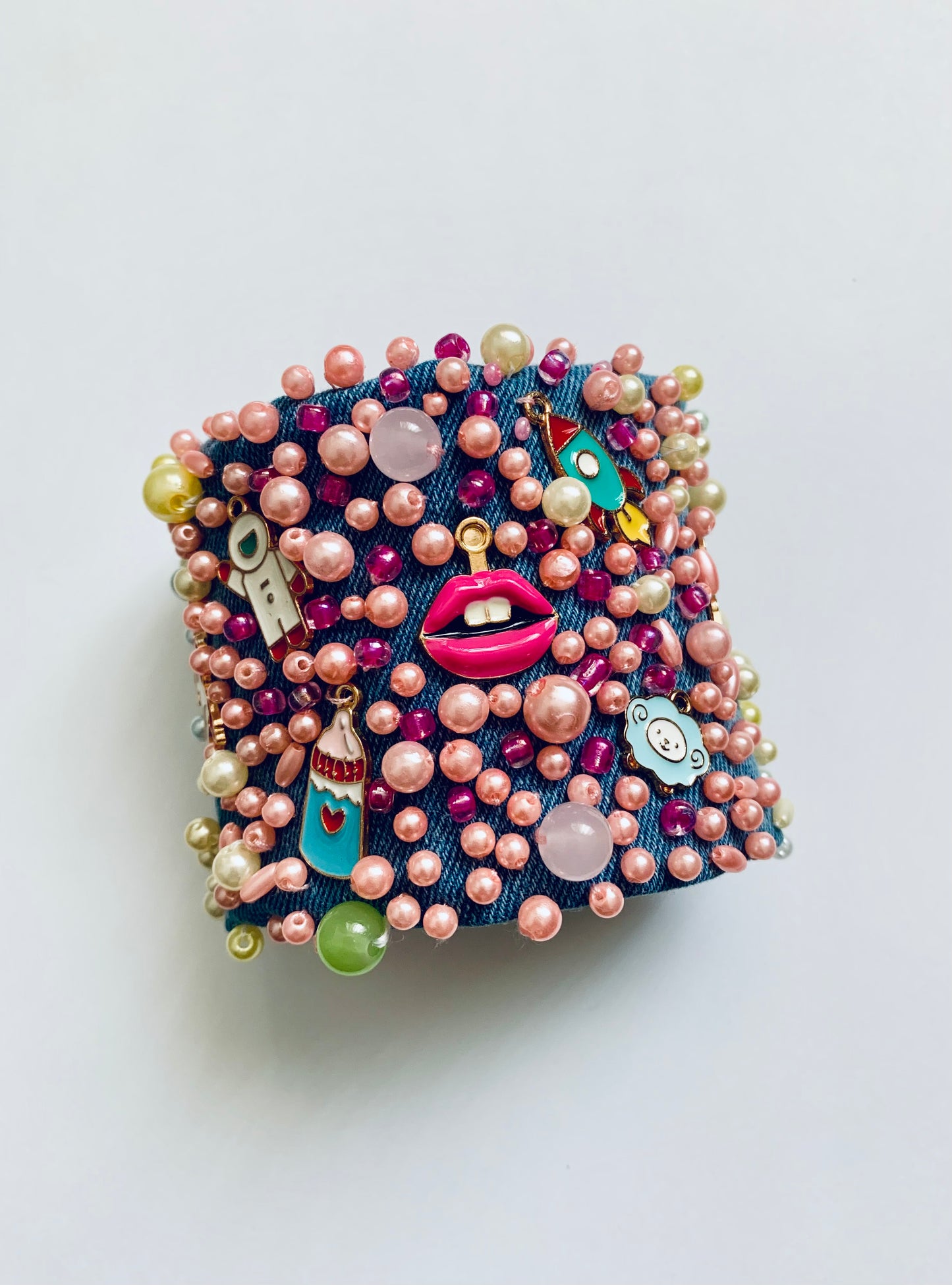 COLORS Hand-Embellished Denim Bracelet with Charms & Pearls