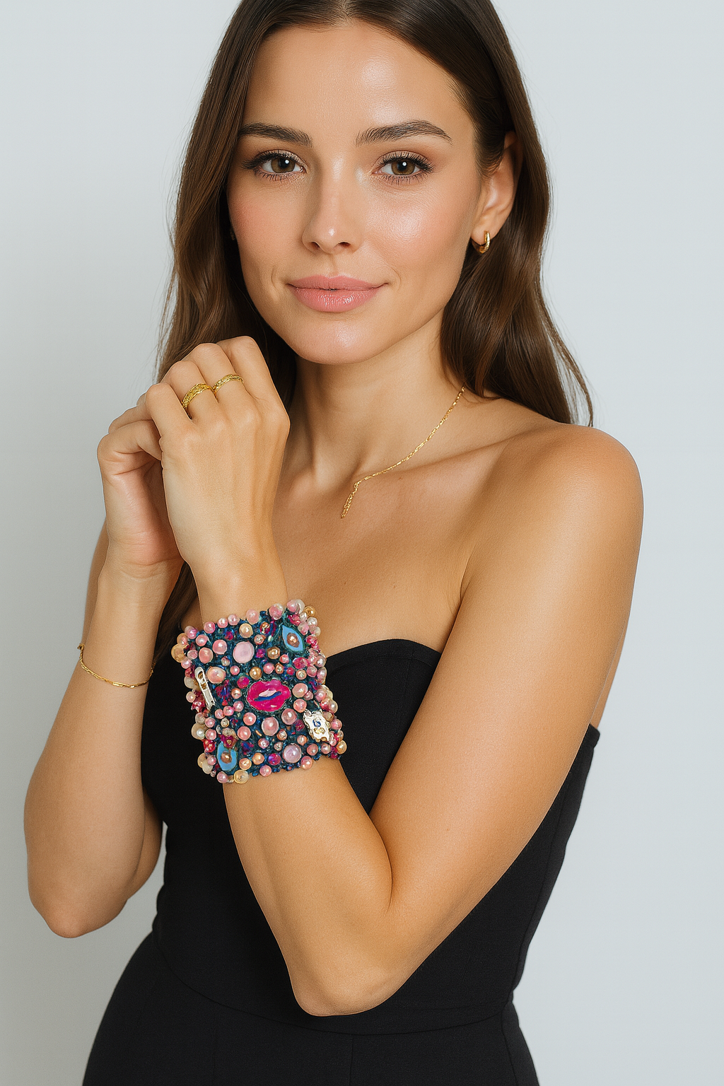 COLORS Hand-Embellished Denim Bracelet with Charms & Pearls