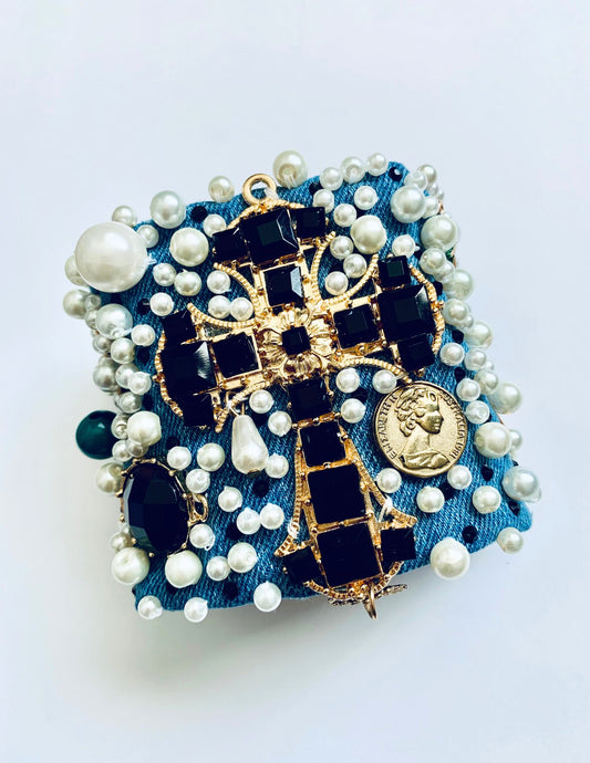CROSS Boho Chic Handmade Denim Bracelet with Pearls
