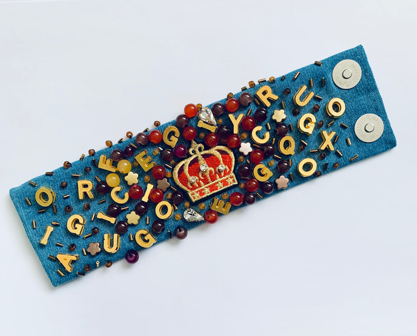 CROWN – Handmade Denim Bracelet with Royal Embroidery & Bead