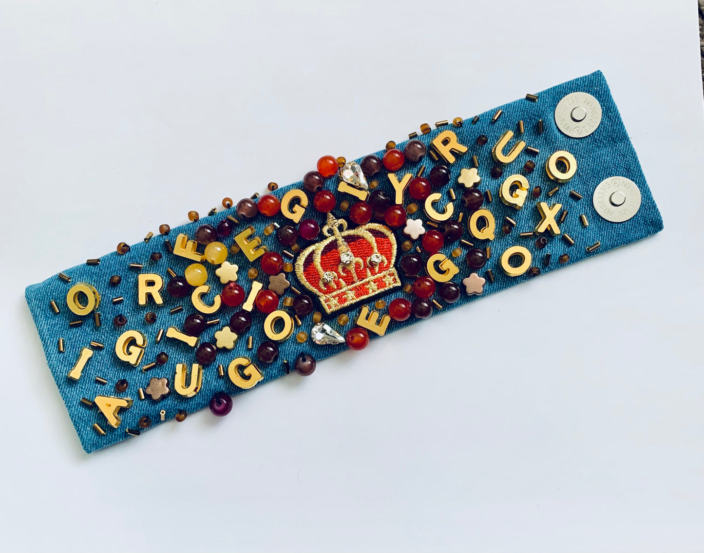 CROWN – Handmade Denim Bracelet with Royal Embroidery & Bead
