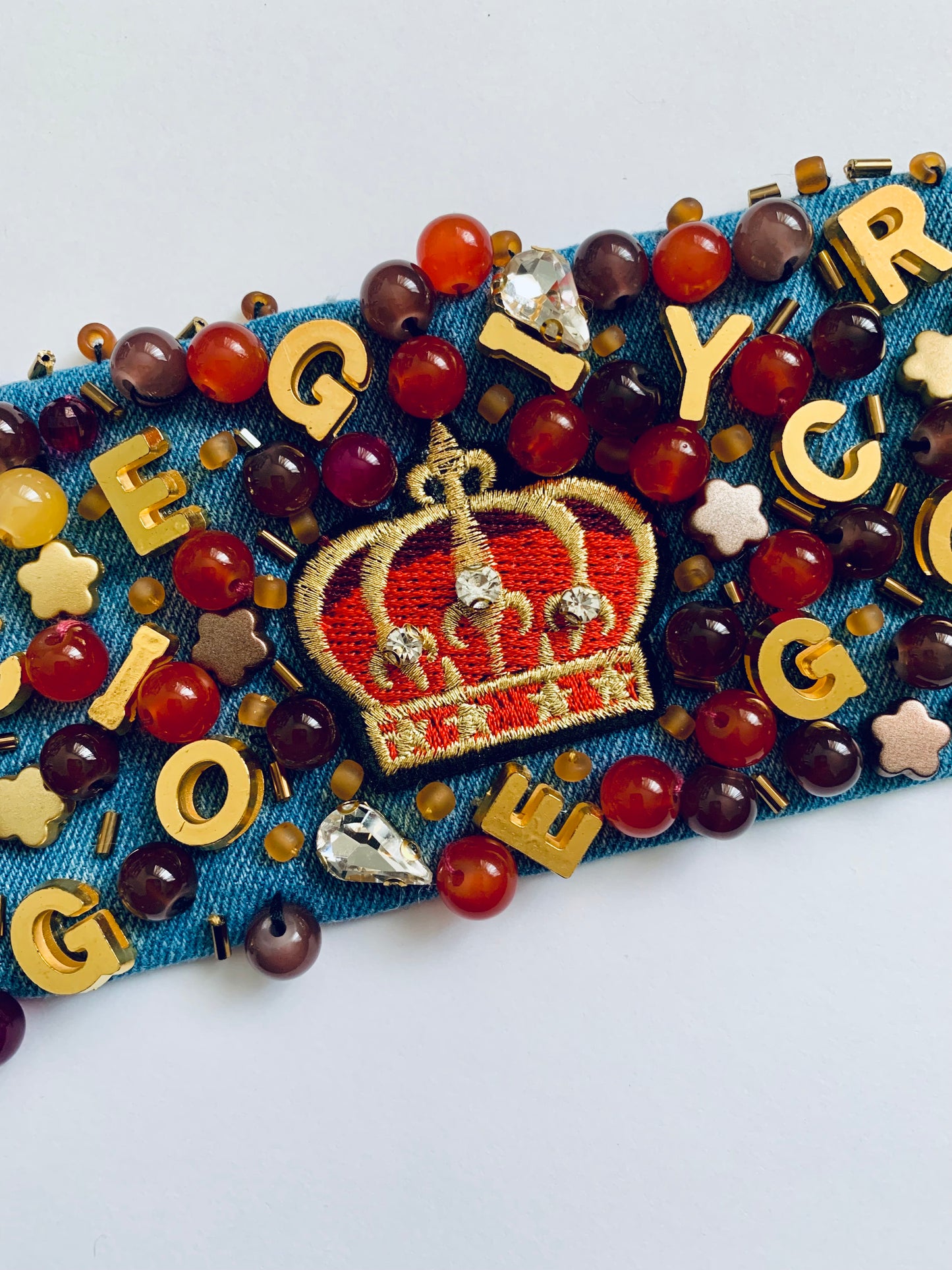 CROWN – Handmade Denim Bracelet with Royal Embroidery & Bead