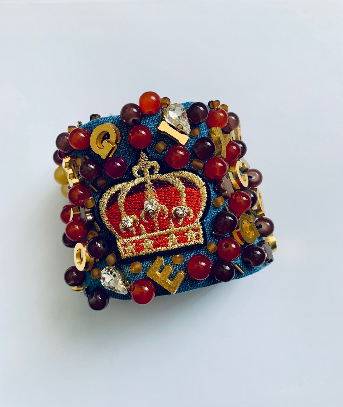 CROWN – Handmade Denim Bracelet with Royal Embroidery & Bead