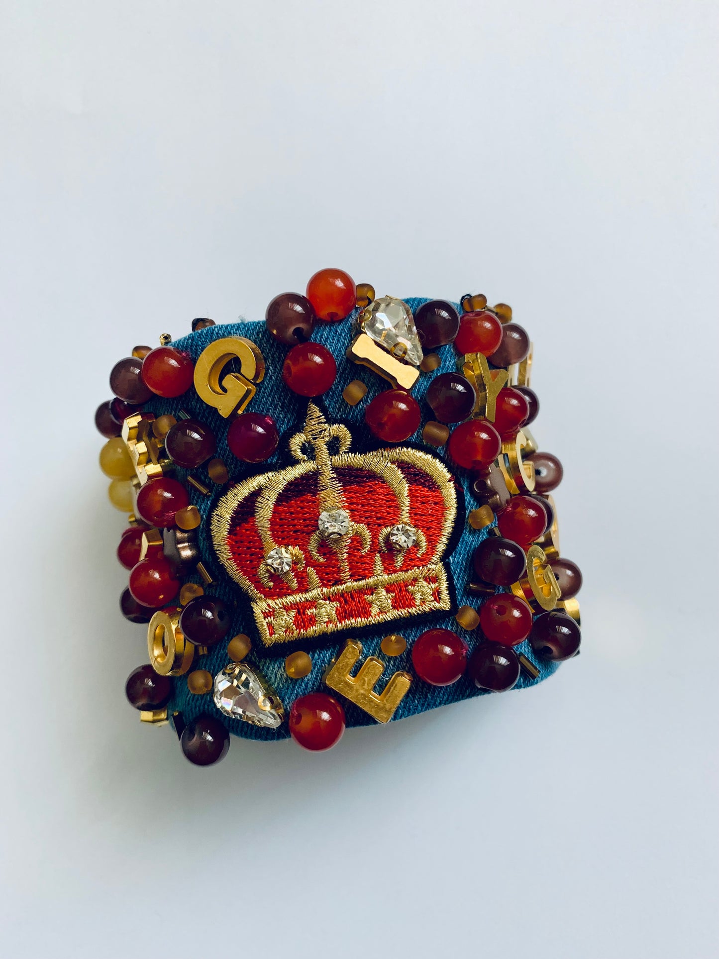 CROWN – Handmade Denim Bracelet with Royal Embroidery & Bead