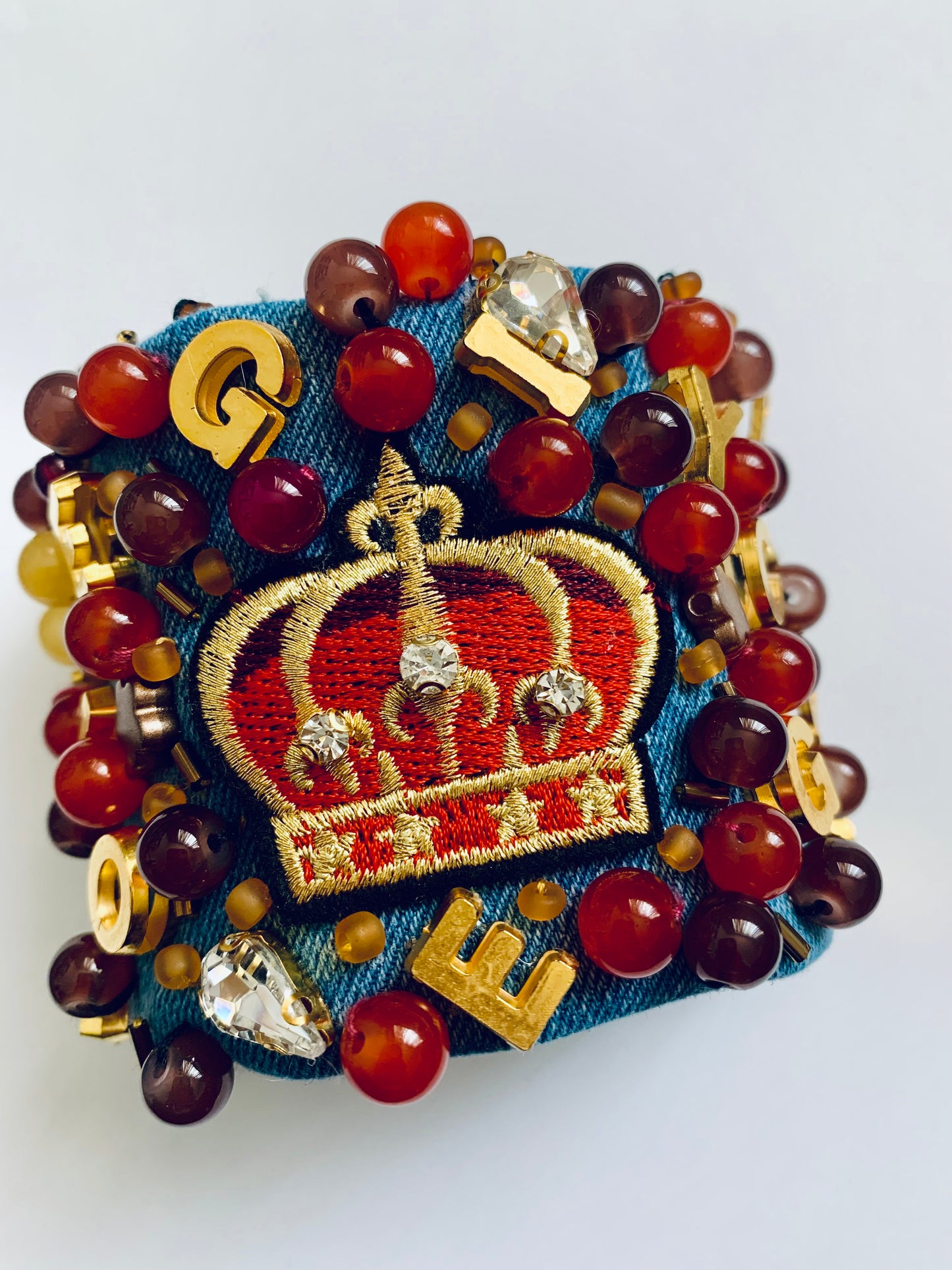 CROWN – Handmade Denim Bracelet with Royal Embroidery & Bead