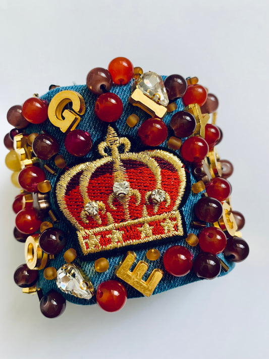 CROWN – Handmade Denim Bracelet with Royal Embroidery & Bead