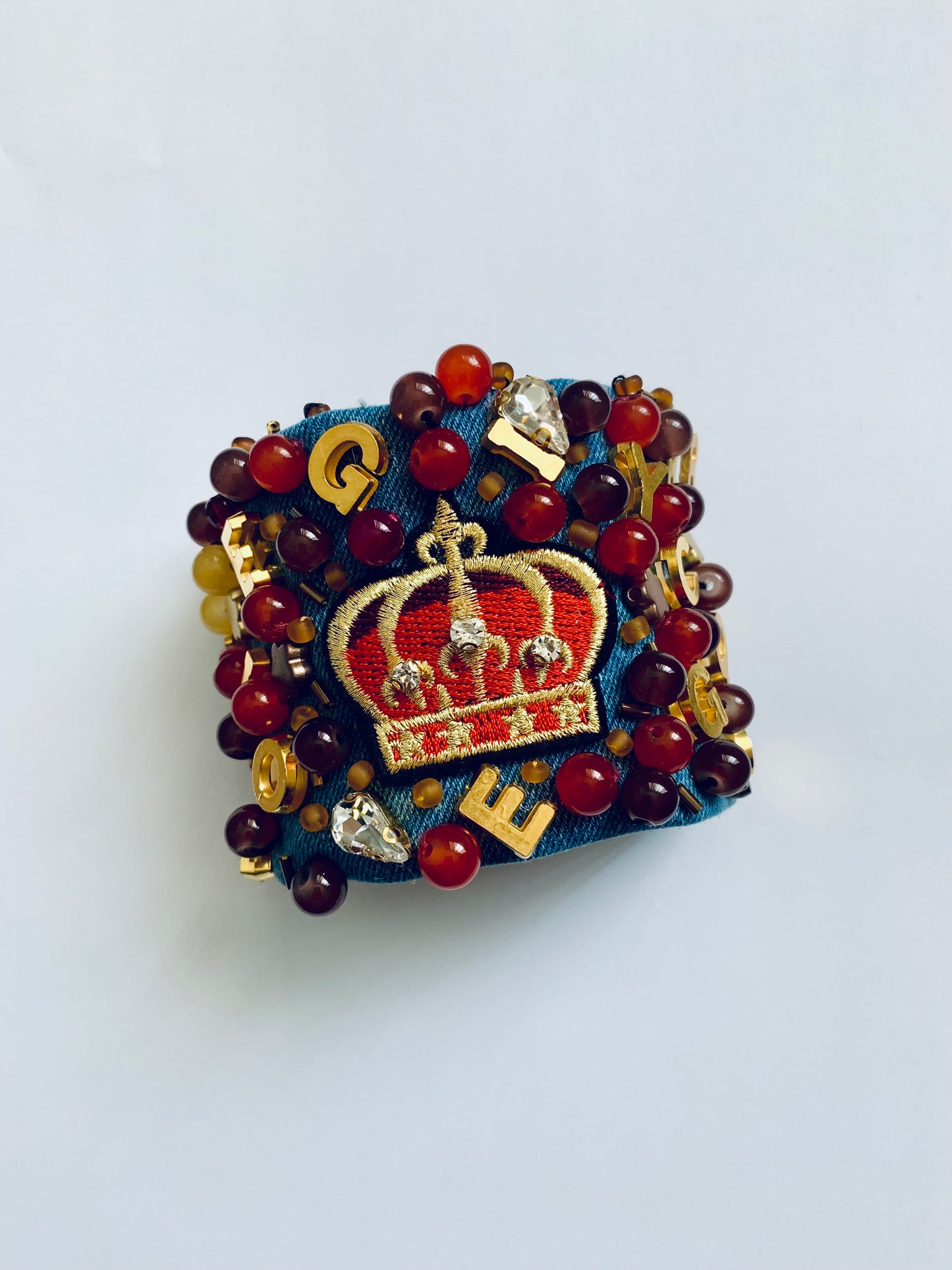 CROWN – Handmade Denim Bracelet with Royal Embroidery & Bead
