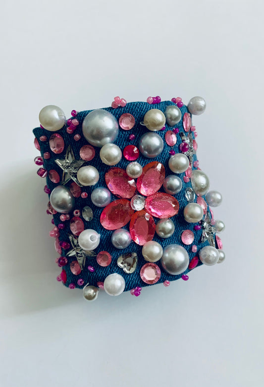Pink Flower Denim Bracelet Handcrafted Statement Boho-Chic