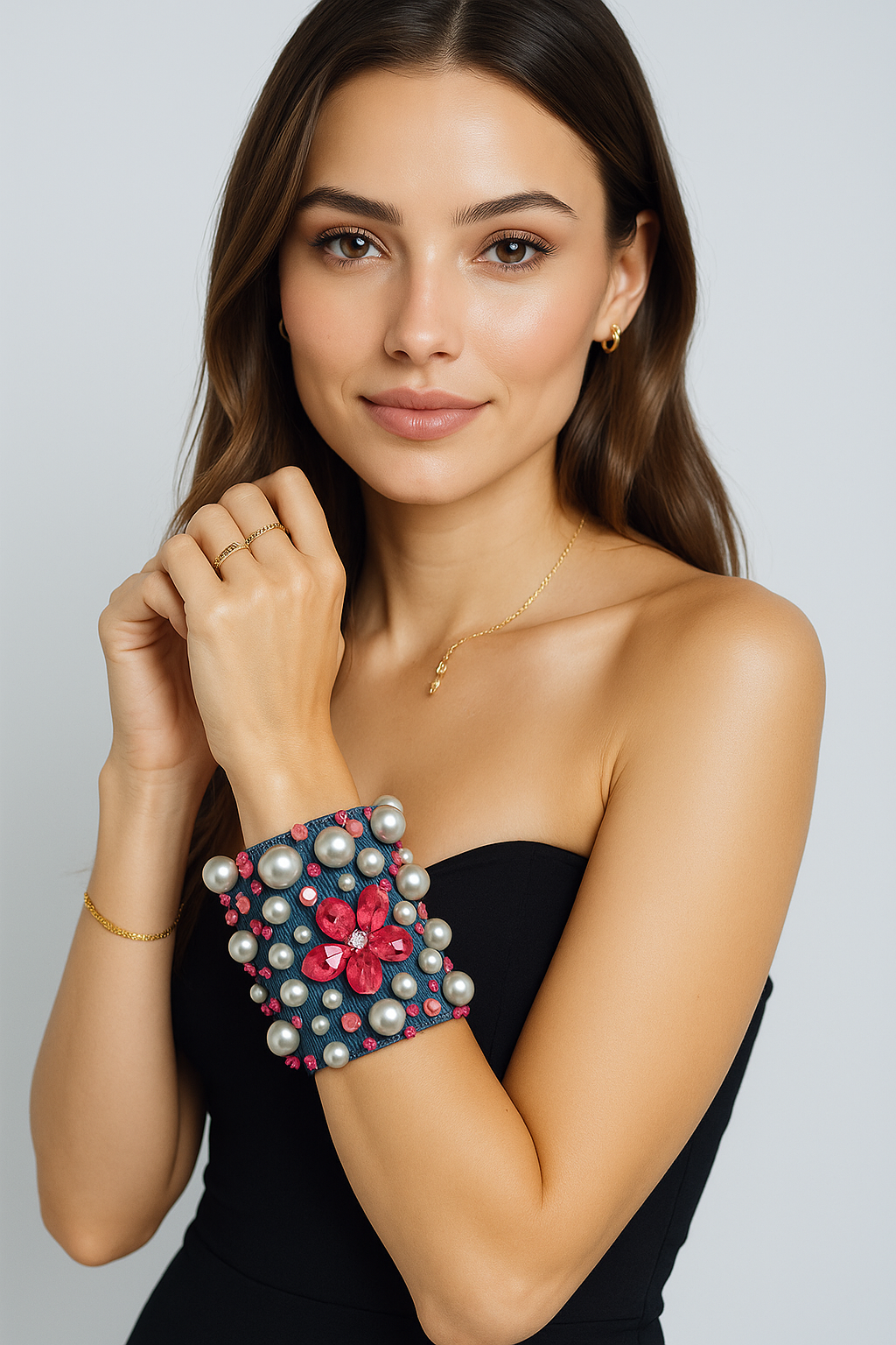 Pink Flower Denim Bracelet Handcrafted Statement Boho-Chic