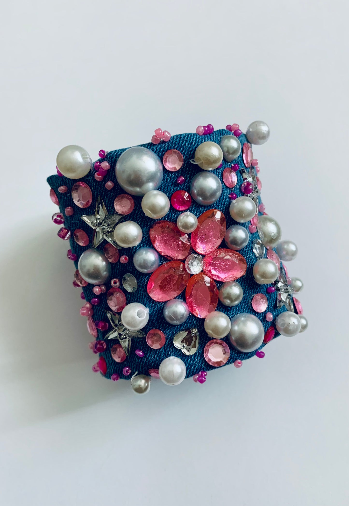 Pink Flower Denim Bracelet Handcrafted Statement Boho-Chic