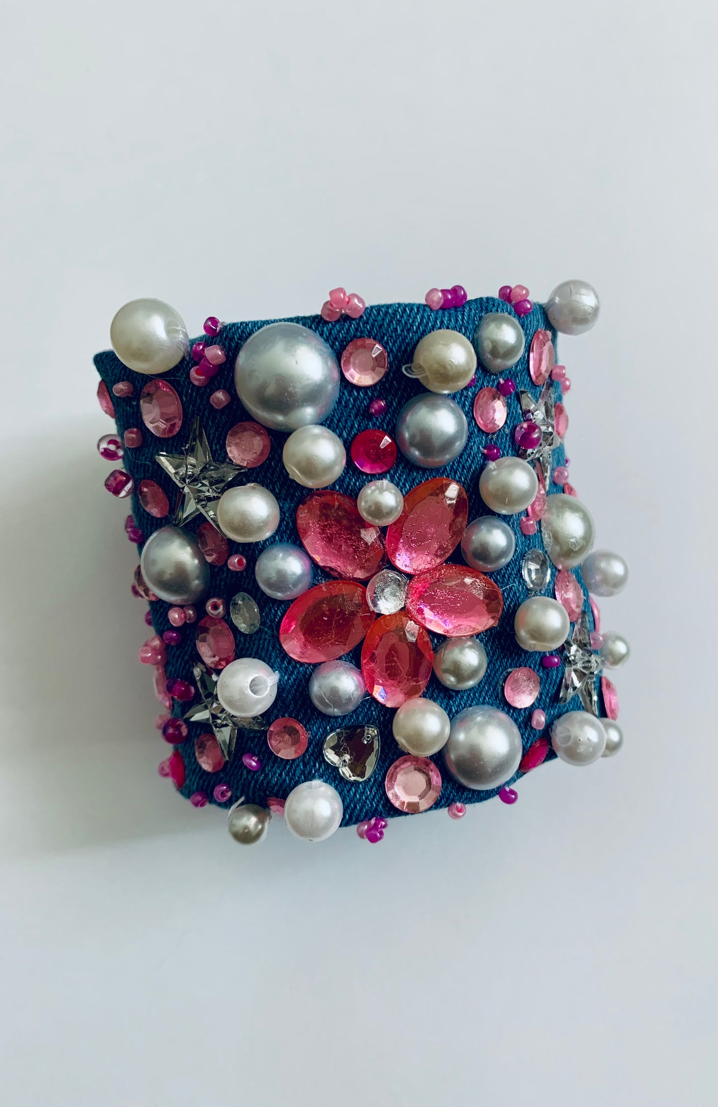 Pink Flower Denim Bracelet Handcrafted Statement Boho-Chic