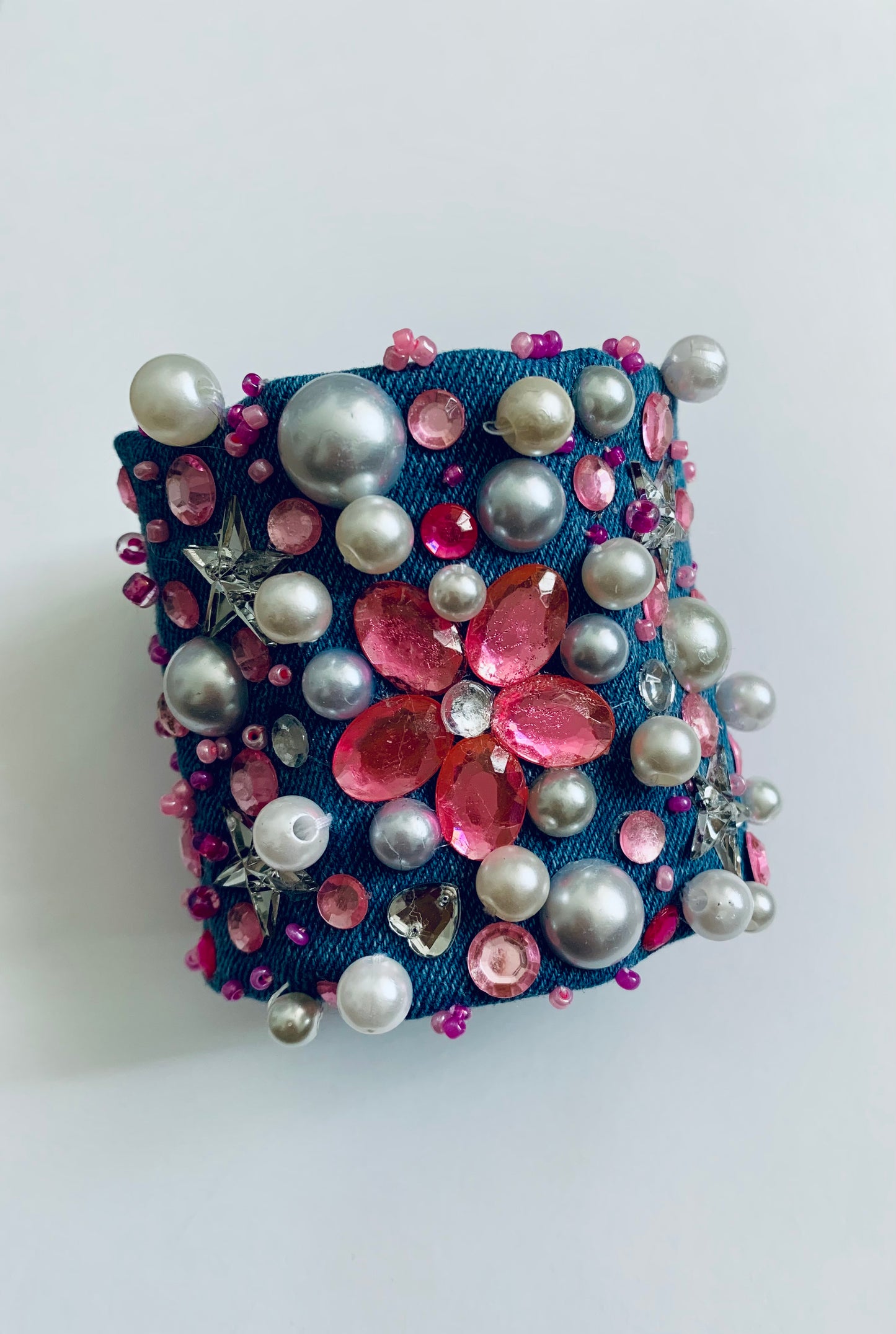 Pink Flower Denim Bracelet Handcrafted Statement Boho-Chic