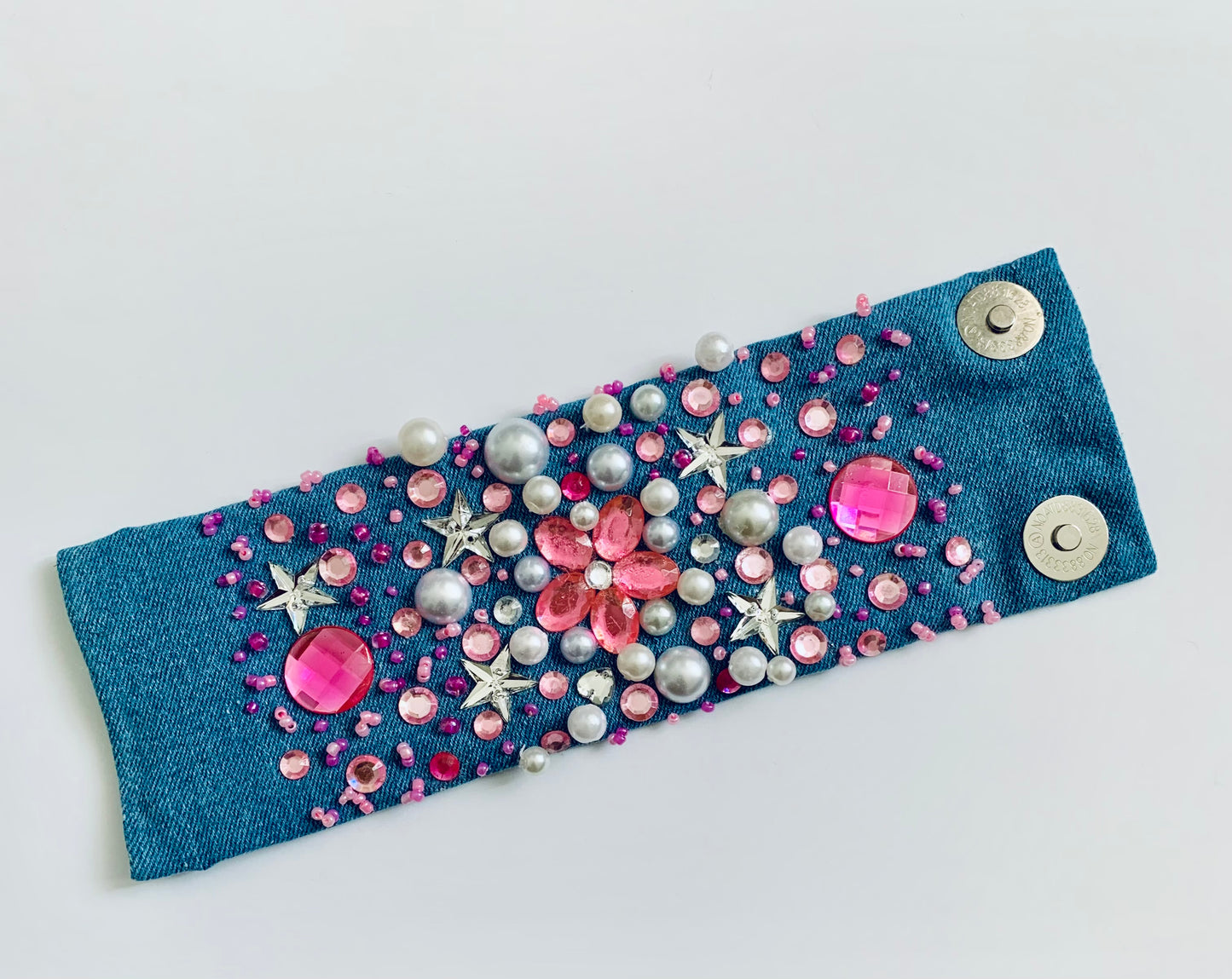 Pink Flower Denim Bracelet Handcrafted Statement Boho-Chic