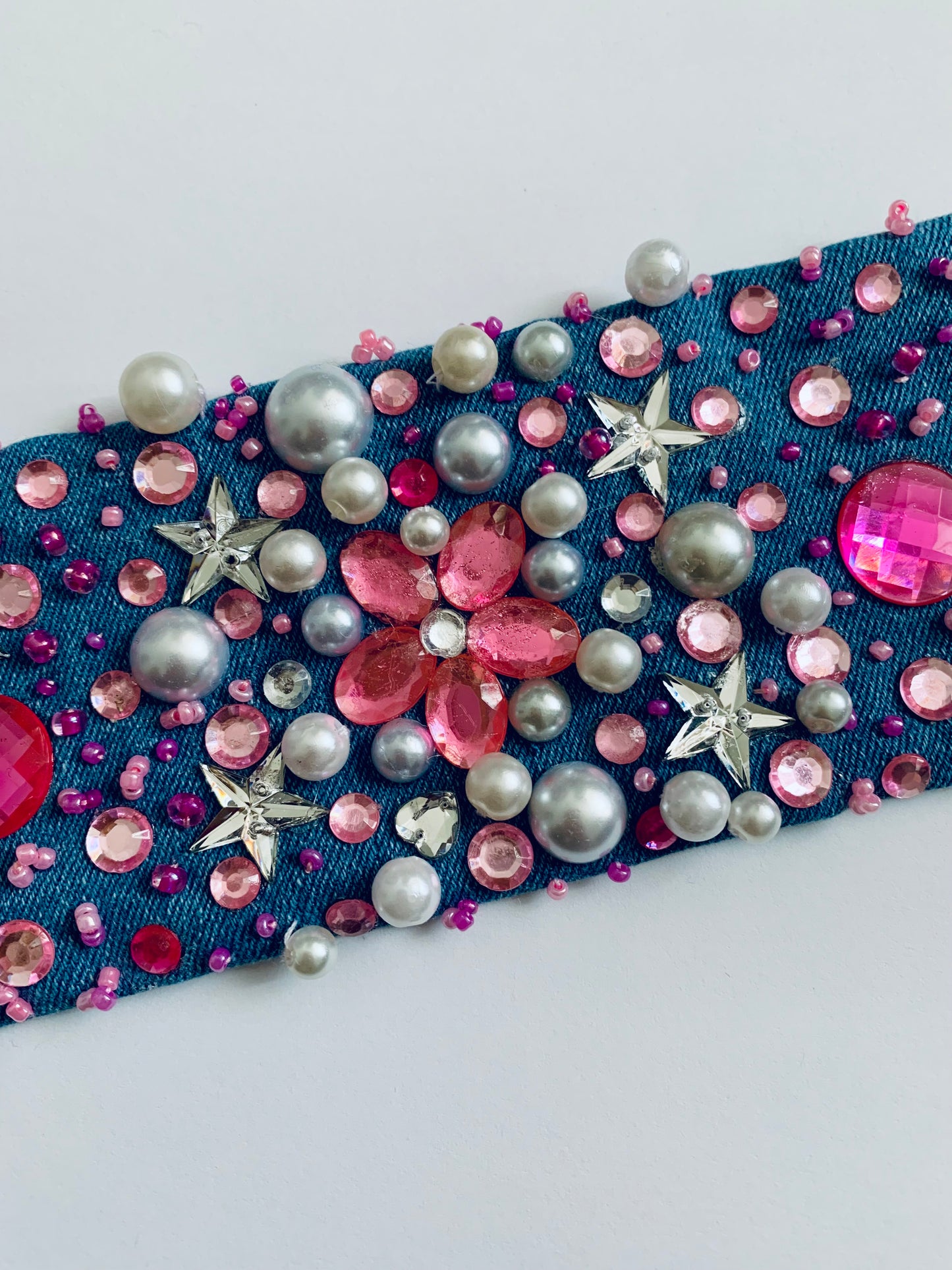 Pink Flower Denim Bracelet Handcrafted Statement Boho-Chic