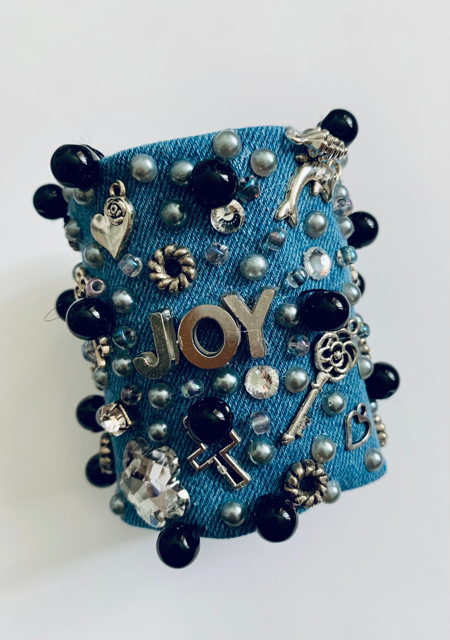 JOY Denim Bracelet. Handmade Statement Piece with Charms