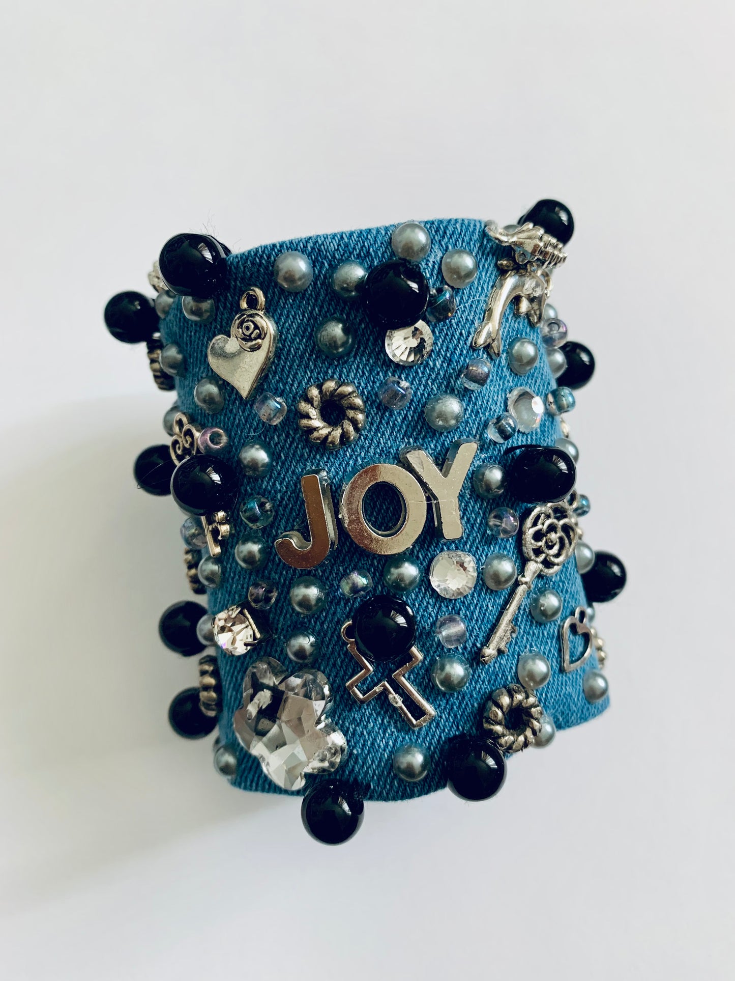 JOY Denim Bracelet. Handmade Statement Piece with Charms