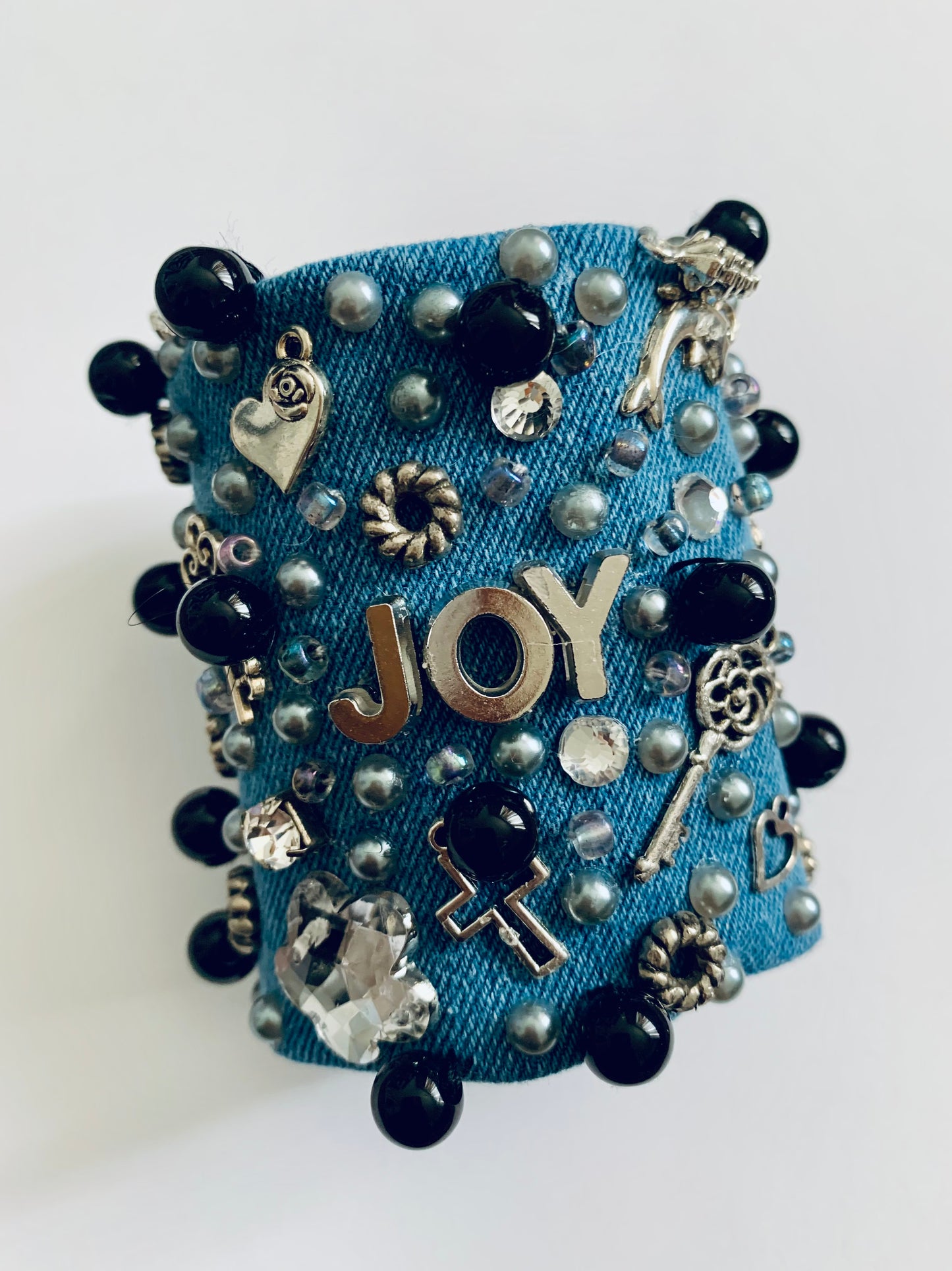 JOY Denim Bracelet. Handmade Statement Piece with Charms